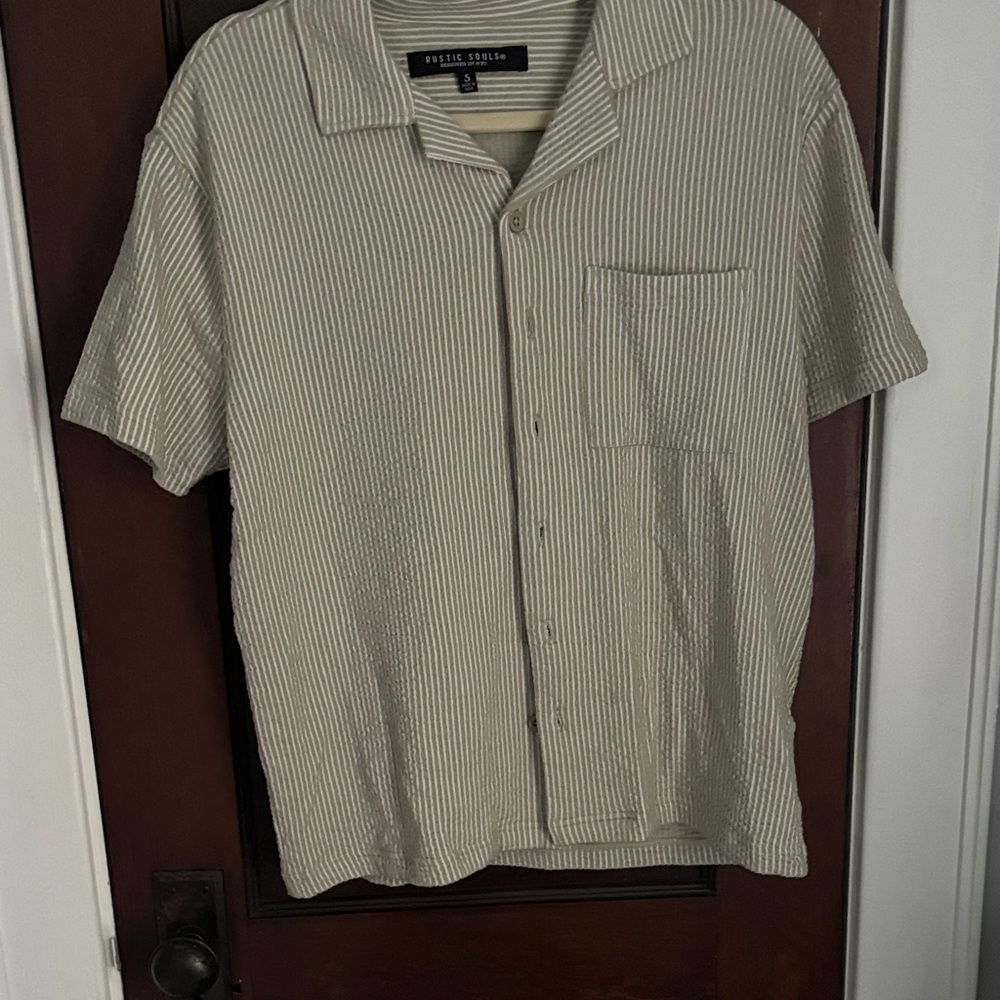 Mystic Island Men's Casual Beige Striped Shirt